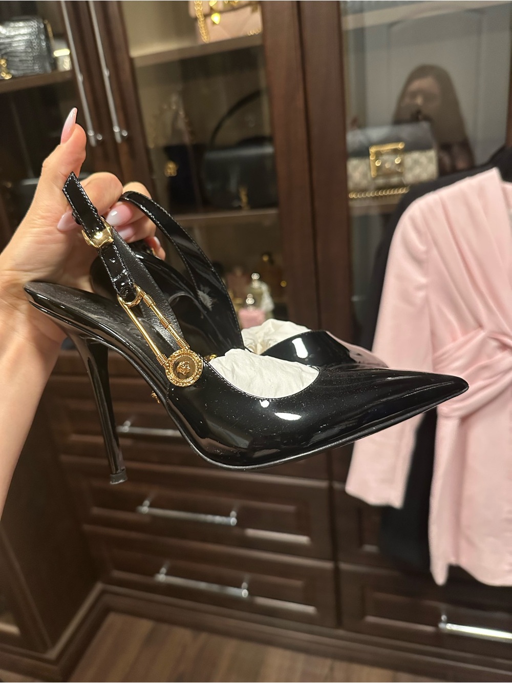 Black Patent Leather Pointed-Toe Slingback Pumps with Gold Accent include box